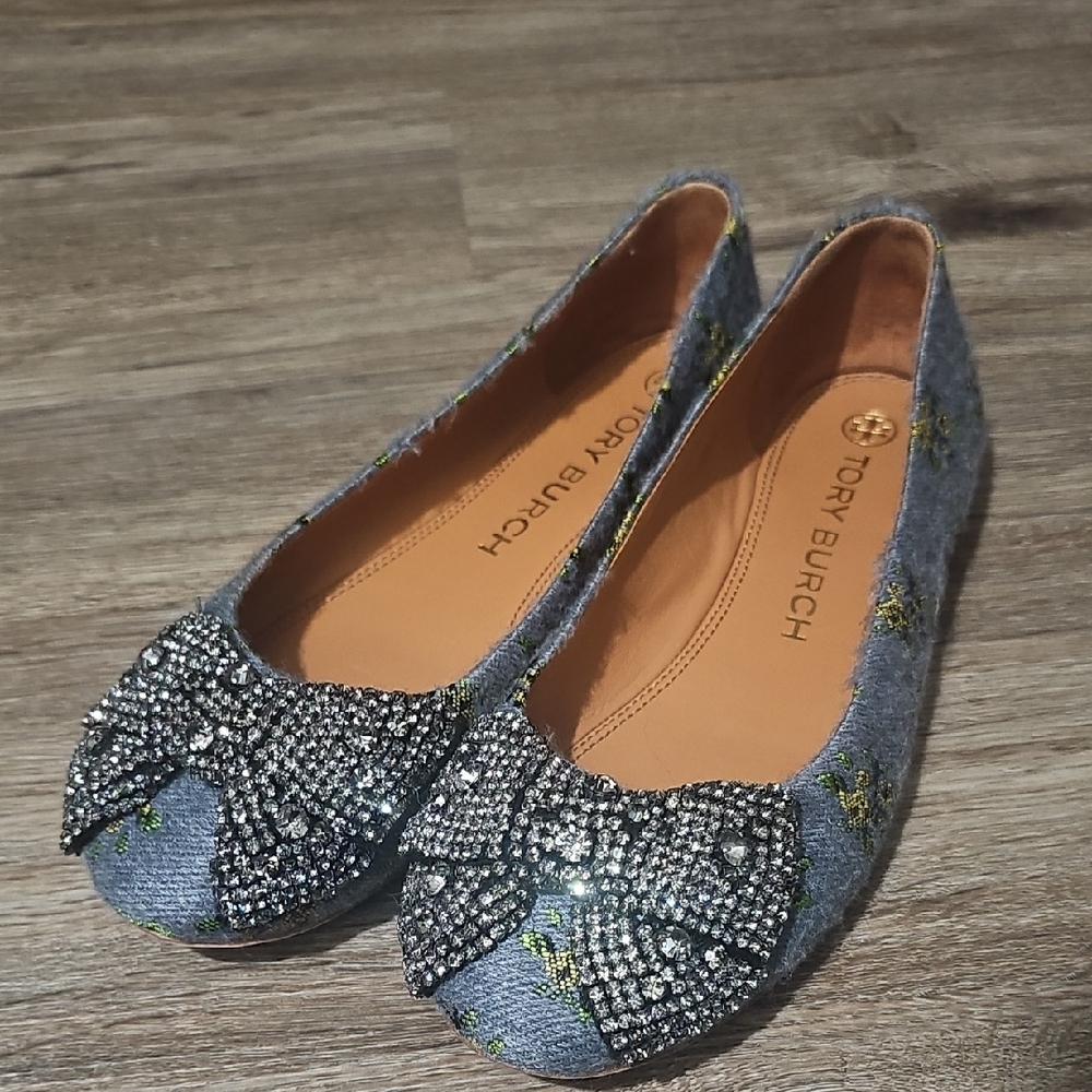 Tory Burch Blue Embellished Bow Ballet Flats